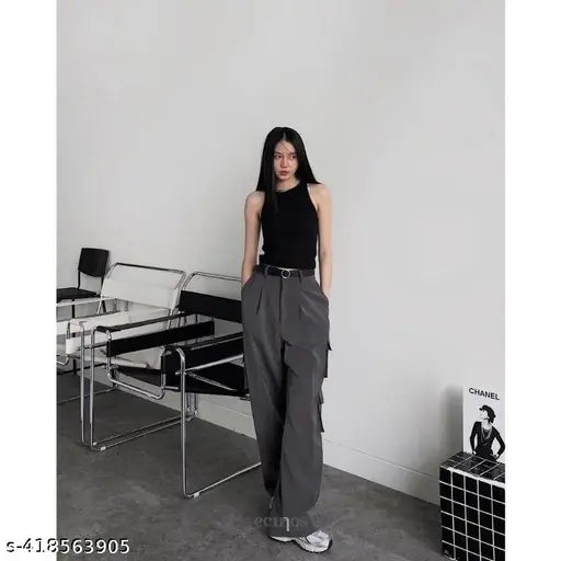 Gray cotton Korean 5-pocket cargo pants, solid design for men's fashionable activewear