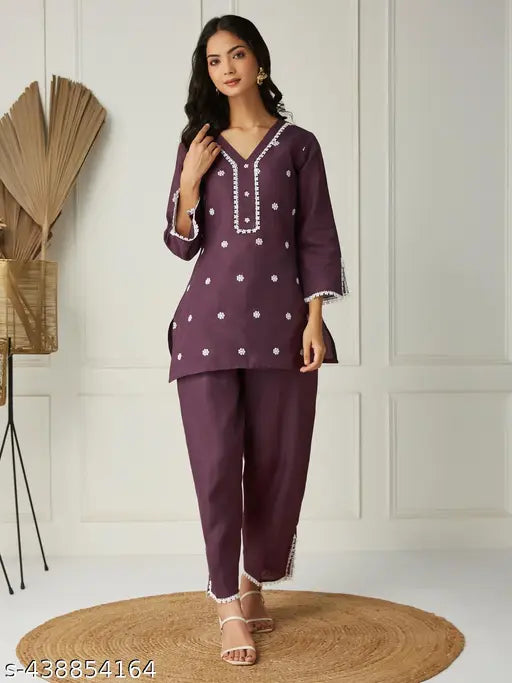 Women's poly cotton lace coord set, V-neck top with intricate detailing, 3/4 sleeves, effortless elegance and comfort