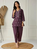 Women's poly cotton lace coord set, V-neck top with intricate detailing, 3/4 sleeves, effortless elegance and comfort