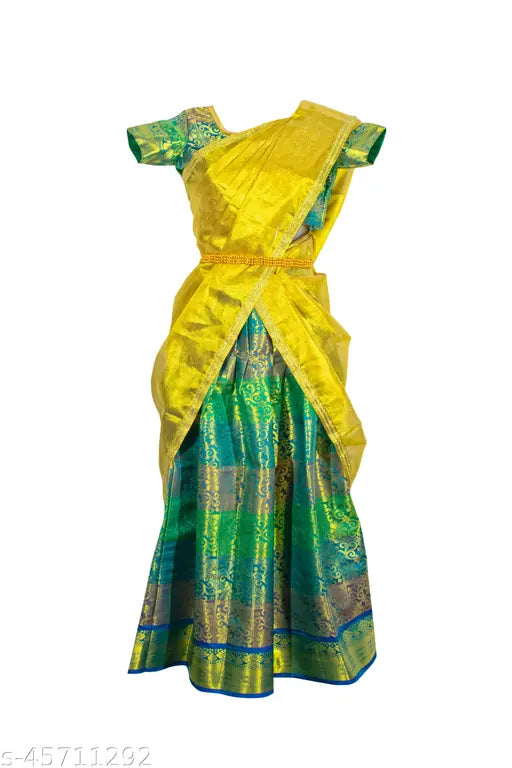 Silk and jacquard half saree lehenga choli with waist belt, perfect Mysore silk Pavadai Thavani set for young girls (13-16 years)
