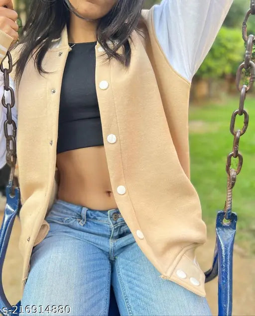 Hustle Bustle premium beige colorblocked varsity jacket in cotton blend, perfect for girls and women's casual attire