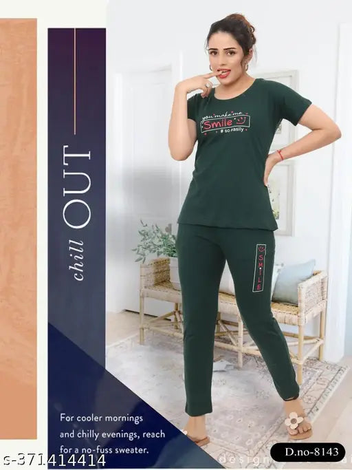 Printed hosiery lounge wear coord set, comfortable night suits in XL and XXL sizes for a relaxing home evening, India origin