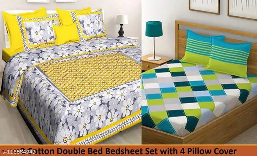 Jaipuri cotton floral bedsheet combo pack, double queen size with 4 pillow covers for adult use, made in India