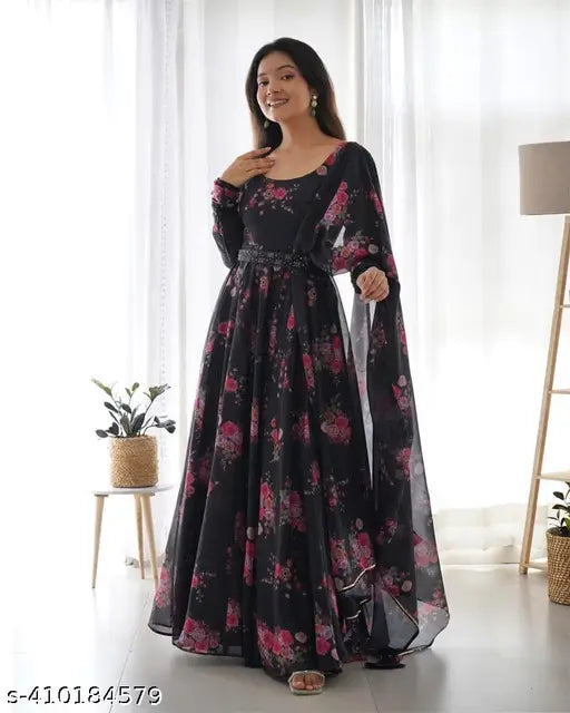 Georgette Floral Print Women's Dress, three-quarter sleeves, elevate ethnic wardrobe, India