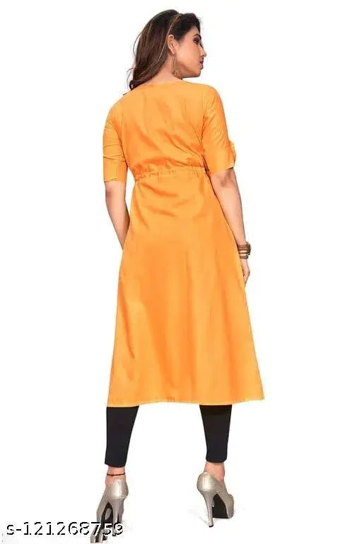 Orange rayon slub cotton kameez, floral printed, long sleeves, knee-length