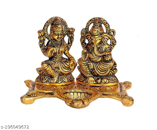 Metallic Lakshmi Ganesha showpiece statue, traditional Diwali oil lamp for Diwali home decoration and gifts