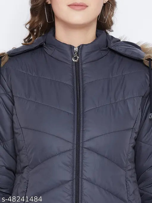 Navy blue polyester parka jacket, Vero Amore women's winter wear, solid pattern, detachable faux fur hood, quilted with quality polyfill fiber, three pockets