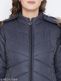 Navy blue polyester parka jacket, Vero Amore women's winter wear, solid pattern, detachable faux fur hood, quilted with quality polyfill fiber, three pockets