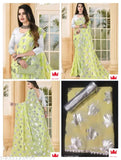 Yellow printed sari with silver borders