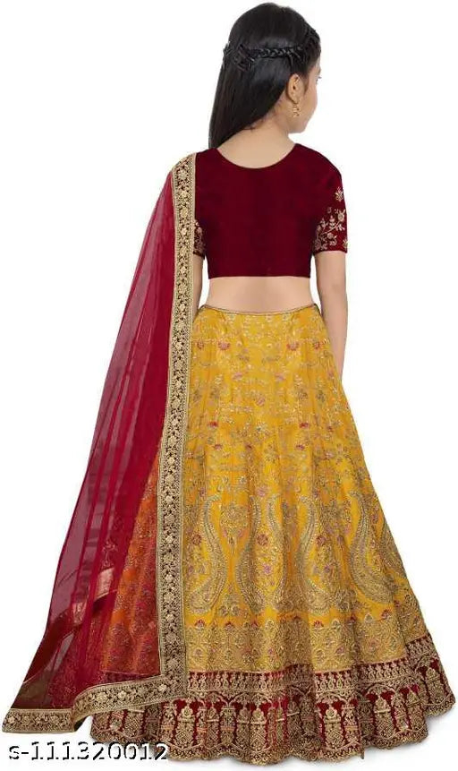 Taffeta satin silk semi-stitched lehenga choli and dupatta set for kids, vibrant embroidery, ideal for ethnic or festive wear