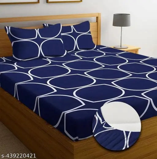 Cotton double bed elastic fitted sheet set with 2 pillow covers, high-quality 220 thread count for comfortable sleep