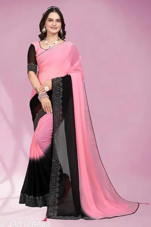 Black and pink georgette saree with diamond work, styled party wear, includes separate blouse piece
