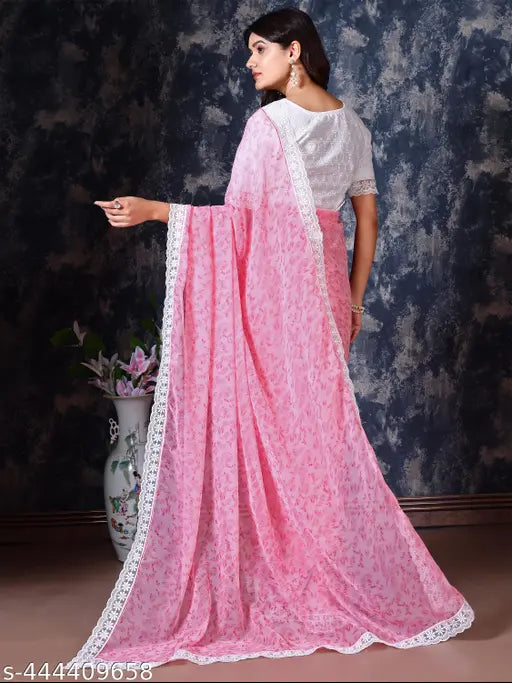 Pastel tone printed chiffon saree with lace border and cotton embroidered blouse piece, India-origin light matching party wear for women
