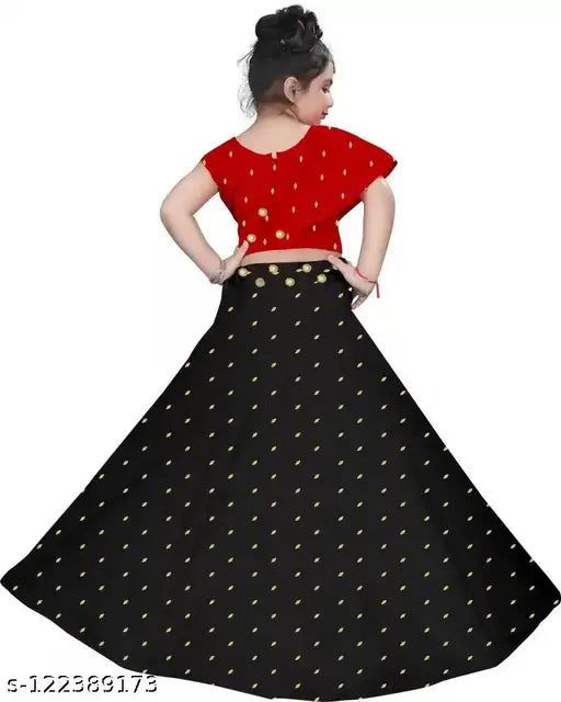 Indi Girls embellished yellow cotton blend lehenga choli ethnic wear for kids, featuring mirror work and short sleeves on display