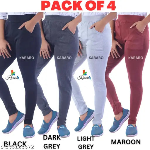 Cotton Lycra jeggings, pack of 4 in trendy styles and sizes for women, hoseisy cotton waste recycled fabric