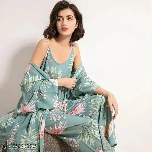 Women's viscose rayon leaves print sling wide leg pajama set with 3 pieces: cozy home pajamas for large (L) and extra-large (XXL) sizes