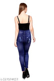 Blue printed denim jegging for women and girls by Vinayfab, made with 4-way stretch cotton poly blend. No real pockets or embroidery, but offers a comfortable fit from toes to waist. Available in sizes 28, 30, 32, M, L, XL. Origin: India