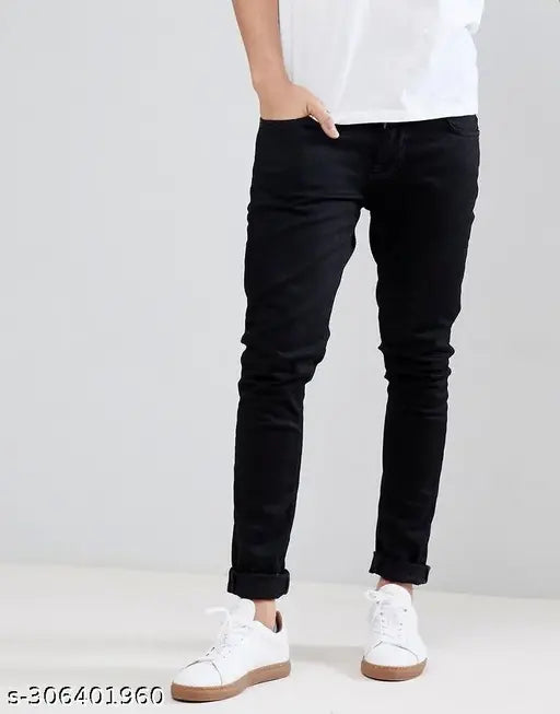 Black stretchable denim jeans for men, solid pattern, slim fit, durable and affordable. (Size: 28x40in, 30x40in, 32x40in) Made in India