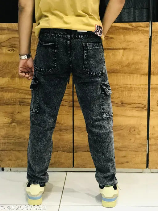 Men's baggy denim jeans, six pocket, loose fit, oversized, wide-leg. Vintage-inspired, casual bottoms, streetwear. Comfortable trousers, urban fashion pants, distressed and roomy. Sizes: 28 (waist 28", length 42", hip 38"), 30 (waist 30", length 42", hip 40"), 32 (waist 32", length 42", hip 42"), 34 (waist 34", length 42", hip 44"). Made in India