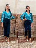 Digital print Lycra jumpsuit, KUDIYO women's long V-neck style with three-quarter sleeves, solid and floral pattern, belted for waist tie-up, black and color combination, ideal for daily or party wear, made in India