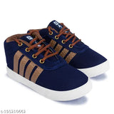 Dark blue shoe with orange laces and white soles
