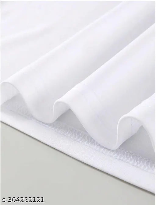 White printed polyester unisex round neck half-sleeve casual wear T-shirt on model, wash resistant up to 60 degrees
