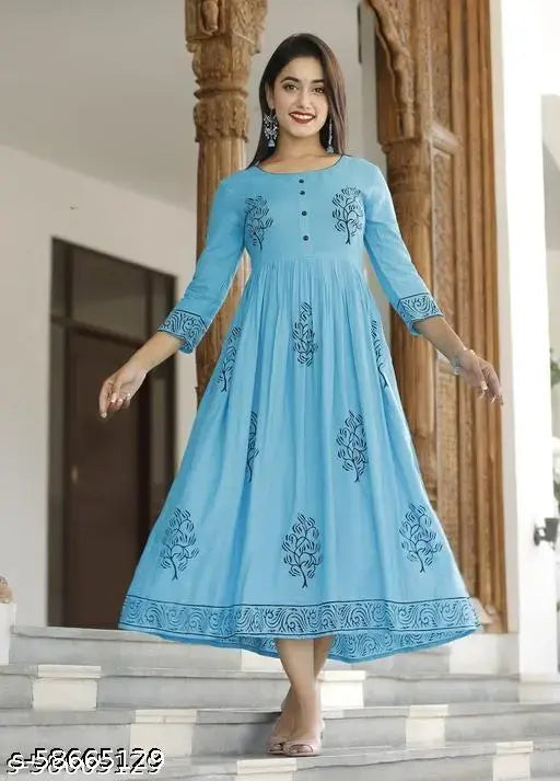 Hand-block printed rayon Anarkali Kurta with sky blue combo pattern, three-quarter sleeves. Women's sizes S to XXXL