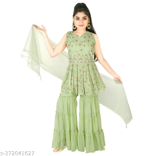 Green Georgette embroidered Salwar Suit for girls, short-sleeved, self-designed print bottom, 6-7 years size, India origin