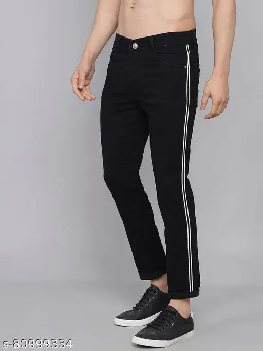 Black denim side-stripe jeans with stretchable fabric for men by DAKWINS, perfect for casual or special occasions