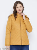 Mustard polyester women's parka jacket, quilted with polyfill and detachable faux fur hood, featuring three pockets