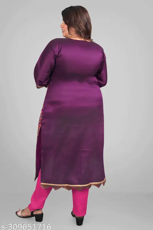 Purple pashmina silk embroidered kurti, long sleeves, knee-length, plus size fit