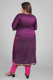 Purple pashmina silk embroidered kurti, long sleeves, knee-length, plus size fit