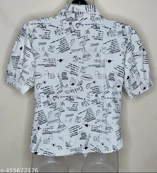 White cotton top, short sleeves, printed net design for girls, featuring puff teddy detail, white buttons, comfortable & breathable, perfect for casual wear, made in India