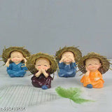 Four figurines representing monks, seated in spring stands. Each figure holds hands together over mouth. Set of 4 home office decoration car dashboard accessories