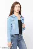 Women's denim kitty patch jacket, long sleeves, blue denim with cat print, size options: S-XL