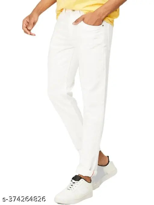 High-quality solid white denim jeans for men, tailored fit, sturdy fabric, versatile style. Size 30 (waist 33in, length 38in), made in India