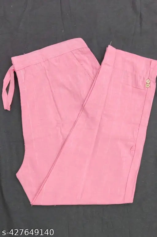 Pink and white cotton blend pants, comfy fit, versatile style