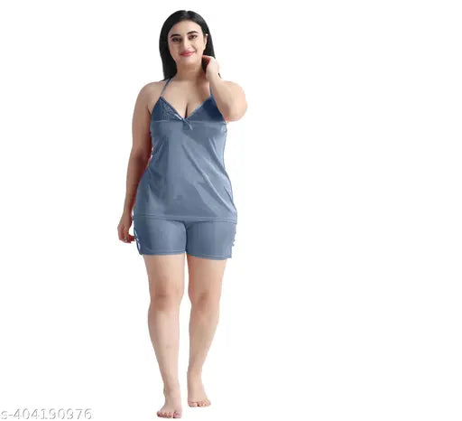 Full satin nightdress set with robe and bikini top, comfortable sleepwear for women in sizes M-XXXXL. Printed net pattern, Indian origin