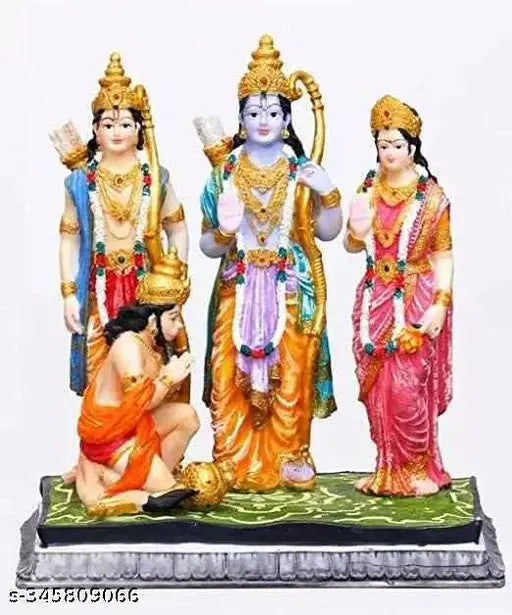 Multicolor resin Ram Darbar Murti for festival and Diwali decor, featuring Shri Ram Laxman Sita Hanuman idols. Home temple puja item with dimensions: 10cm (L) x 14cm (H) x 5cm (B), perfect for home decor or gift