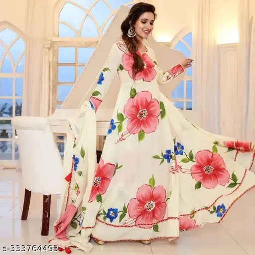 Rich cream georgette gown with dupatta, printed combo on Indian woman, long sleeves