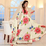 Rich cream georgette gown with dupatta, printed combo on Indian woman, long sleeves