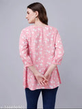 Pink cotton viscose floral tunic top, loose fit with lace detail and V-neckline, ideal for casual wear and versatile styling, Indian origin