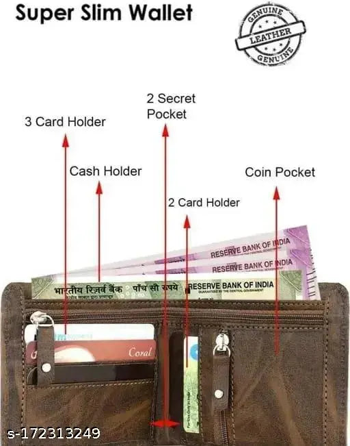 Brown leather wallet, solid pattern, 2 compartments, imported material