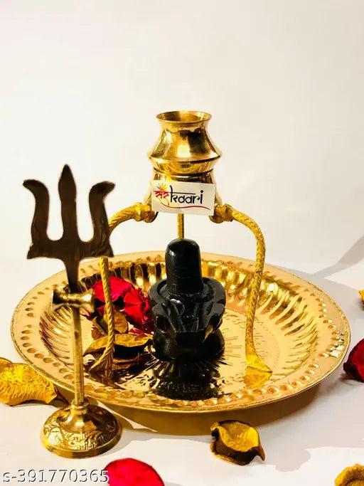 Black Marble Shivling on brass stand for puja and abhishek, Indian Shiva idol with Kalash lota