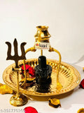 Black Marble Shivling on brass stand for puja and abhishek, Indian Shiva idol with Kalash lota