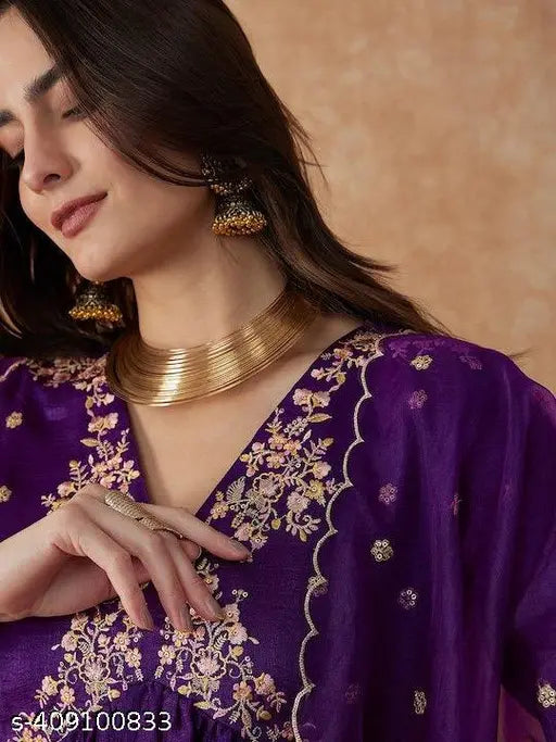 Purple vichitra silk A-Line kurta with palazzos and dupatta, embroidered sequence details. Women's ethnic wear for festive occasions, parties, and cultural gatherings