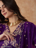 Purple vichitra silk A-Line kurta with palazzos and dupatta, embroidered sequence details. Women's ethnic wear for festive occasions, parties, and cultural gatherings