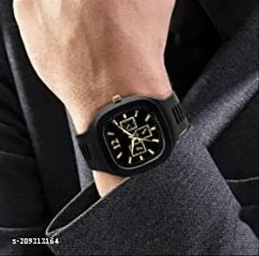 Black silicone strap analog sports watch with rectangular dial, new model 2022 for men and boys