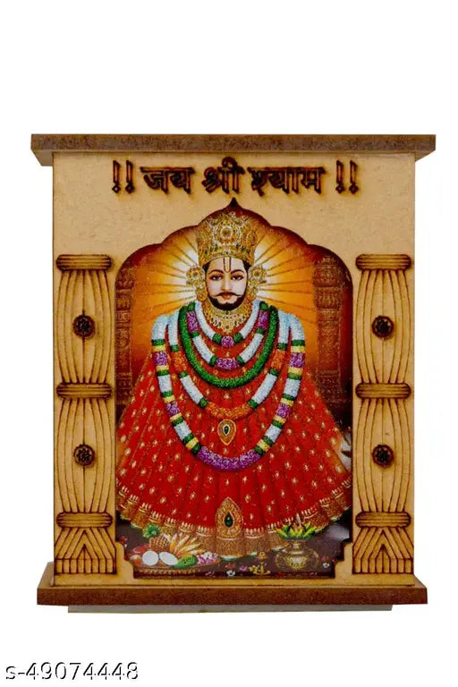 Handcrafted wooden Baba Shyam Temple, MDF material and laser cut design for home decoration & car dashboard. Antique colored with decorative motifs on both sides. Dimensions: 6.5cm (L) x 7.5cm (H) x 4cm (B), single piece from India