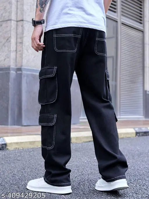 Black cotton blend cargo DPOCKET for men - classic, machine washable pants with trendy design, size 28